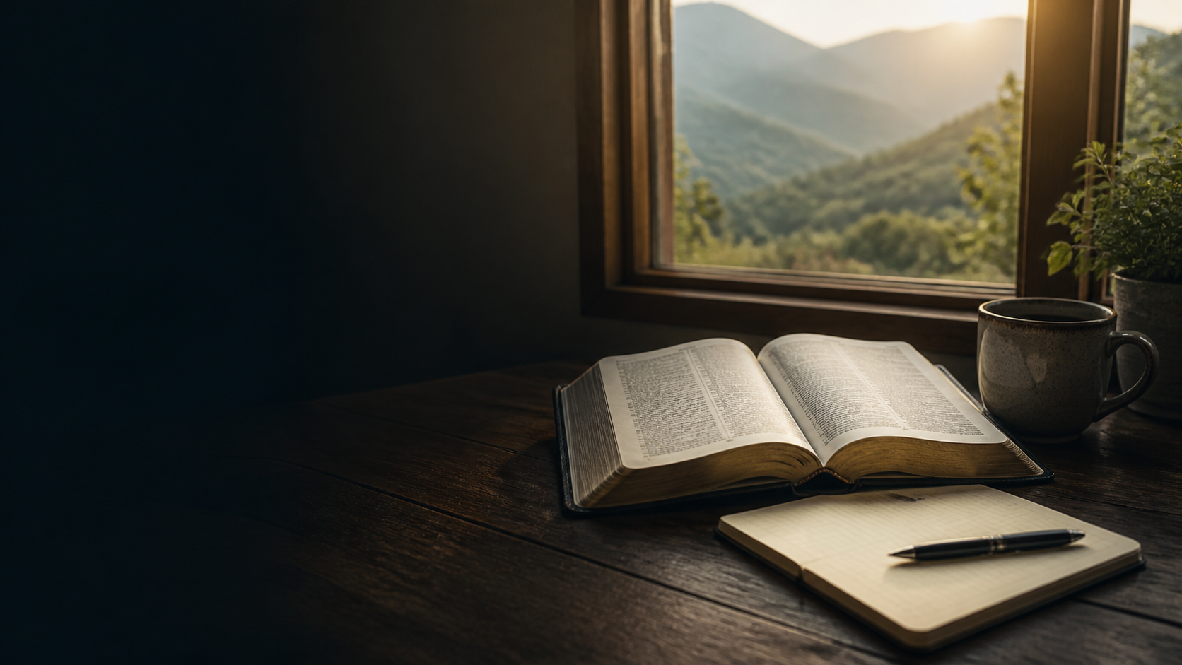 Biblia abierta y libreta sobre una mesa junto a una ventana